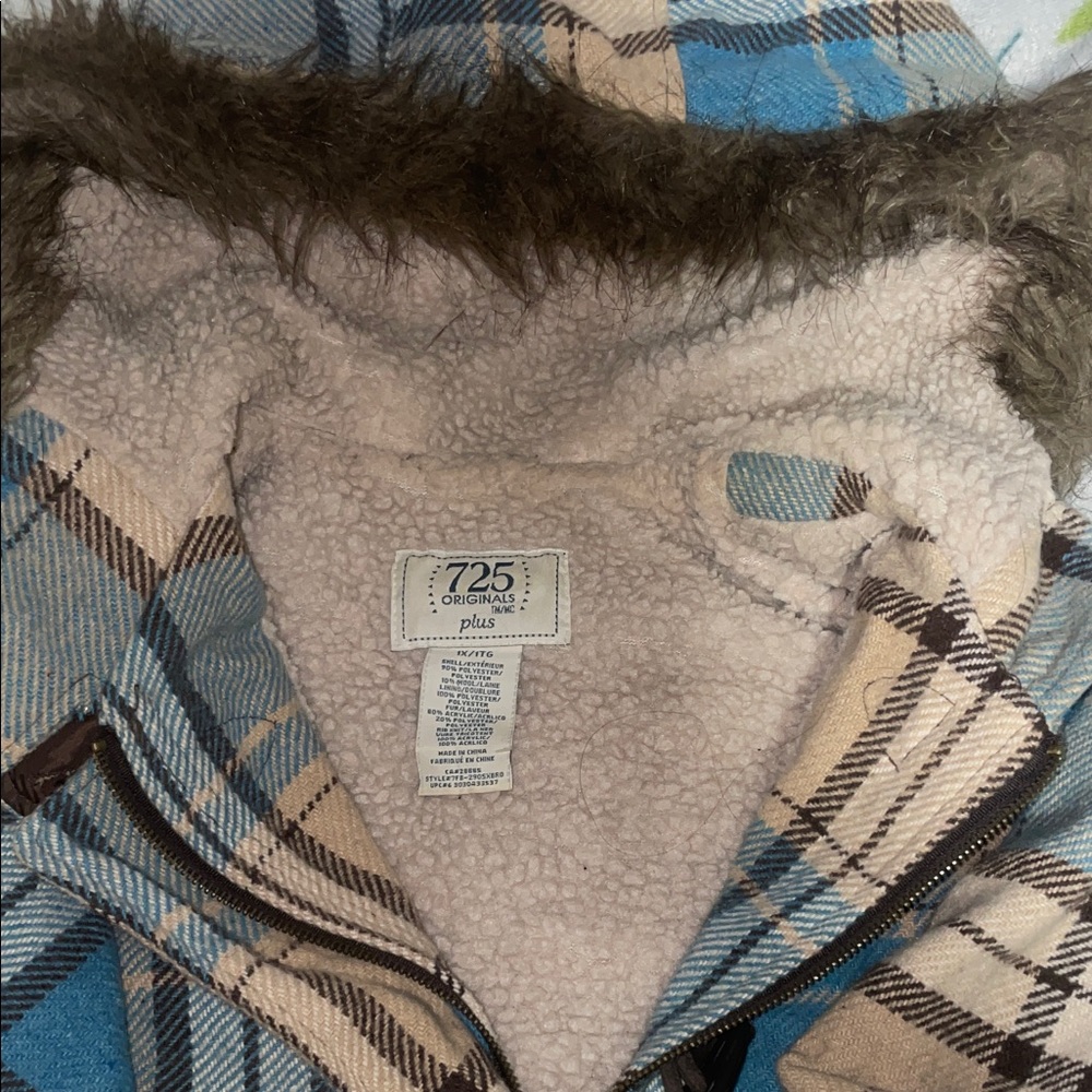 Women's Plaid Coat with Faux Fur Hood - Picture 2 of 2